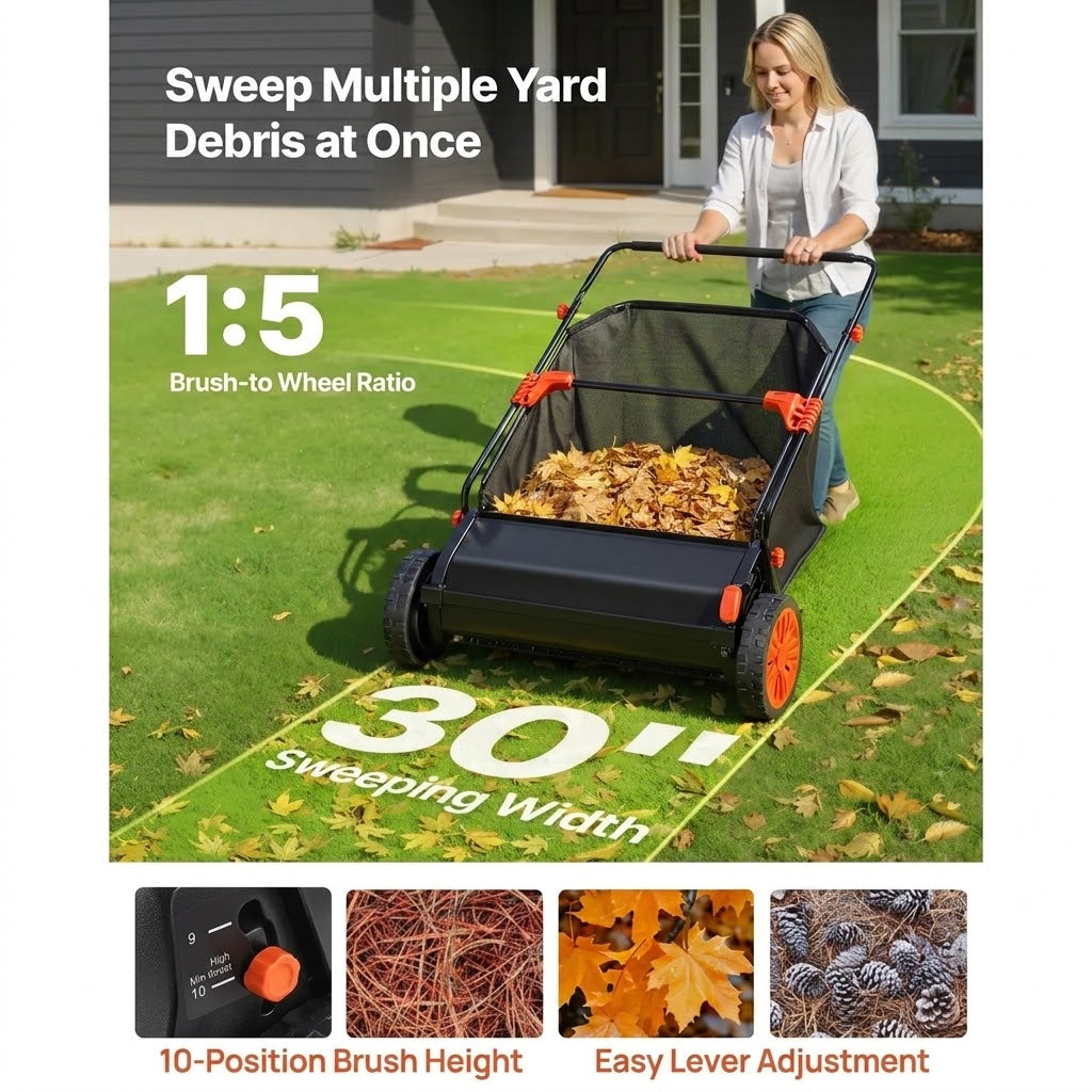 Push Lawn Sweeper with Rotating Brushes, Adjustable Height & Large-Capacity Collection Hopper