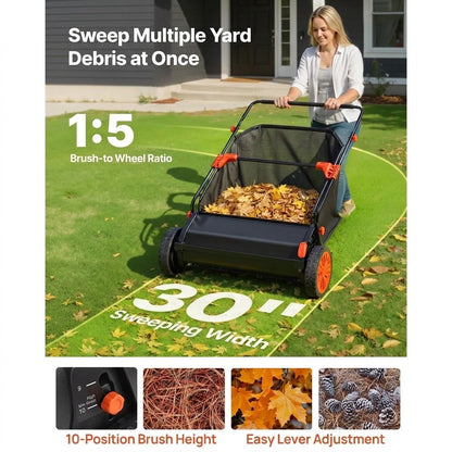 Push Lawn Sweeper with Rotating Brushes, Adjustable Height & Large-Capacity Collection Hopper