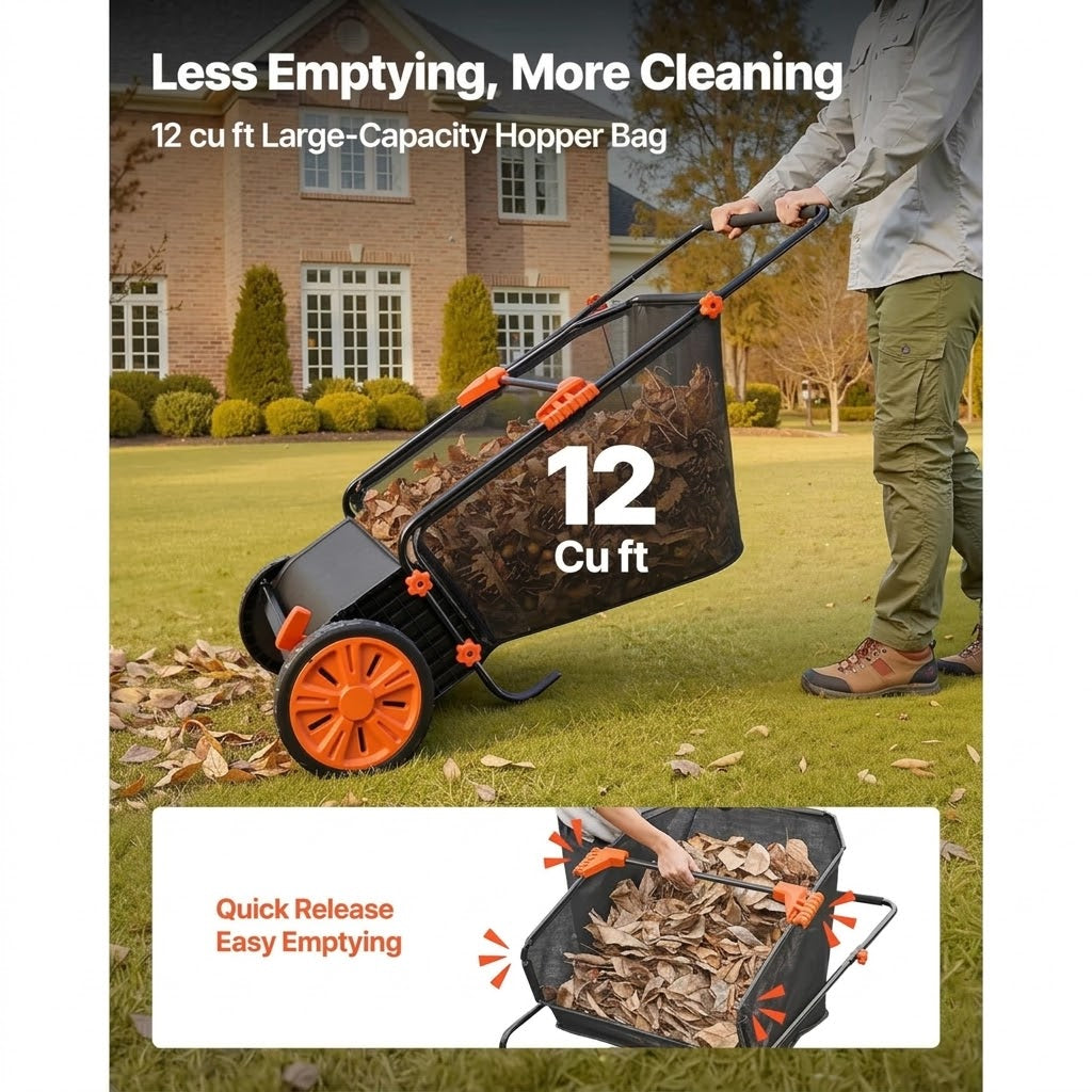 Push Lawn Sweeper with Rotating Brushes, Adjustable Height & Large-Capacity Collection Hopper