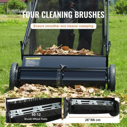 Push Lawn Sweeper with Rotating Brushes, Adjustable Height & Large-Capacity Collection Hopper