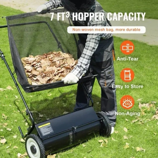 Push Lawn Sweeper with Rotating Brushes, Adjustable Height & Large-Capacity Collection Hopper