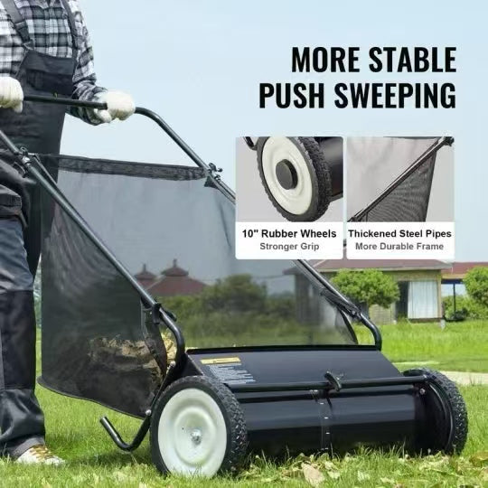 Push Lawn Sweeper with Rotating Brushes, Adjustable Height & Large-Capacity Collection Hopper