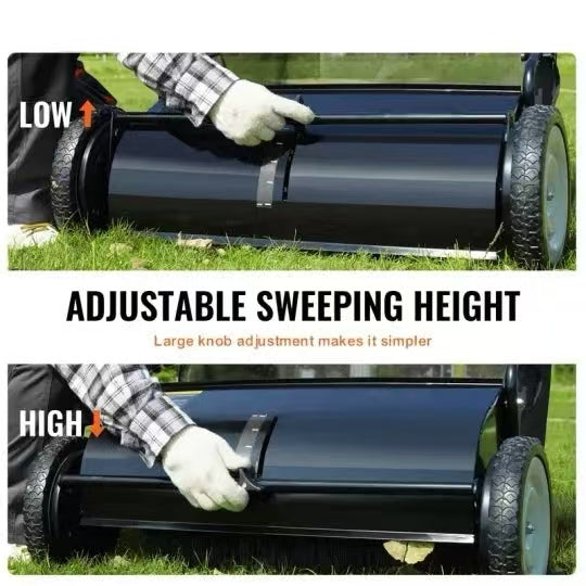 Push Lawn Sweeper with Rotating Brushes, Adjustable Height & Large-Capacity Collection Hopper