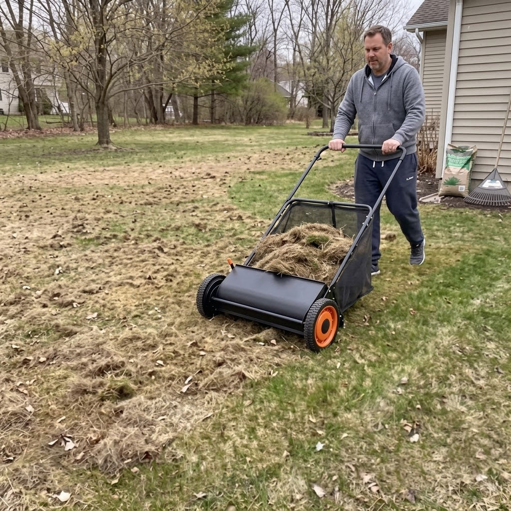 Push Lawn Sweeper with Rotating Brushes, Adjustable Height & Large-Capacity Collection Hopper