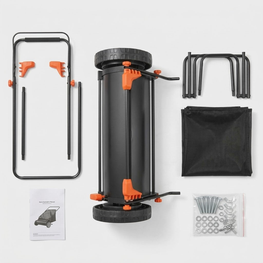 Push Lawn Sweeper with Rotating Brushes, Adjustable Height & Large-Capacity Collection Hopper